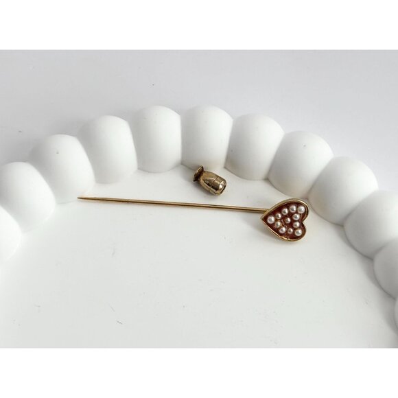 Heart Shaped Faux Pearl Accented Gold T Vintage Stick Pin | Hat Pin | Lapel Pin - Picture 7 of 10